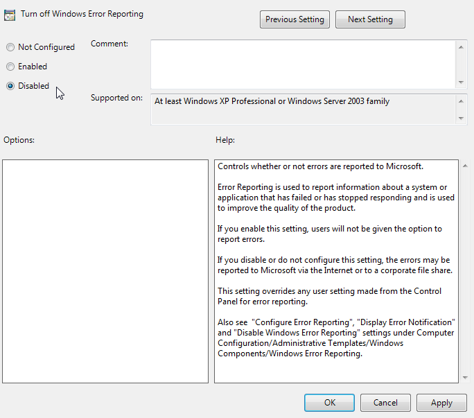 Scroll down and double-click on Windows Error Reporting Service
Change the Startup type to Disabled