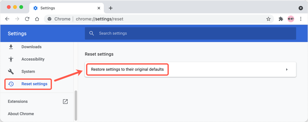 Scroll further down and under the "Reset and clean up" section, click on "Restore settings to their original defaults".
Click on "Reset settings" to confirm and reset Chrome to its default configuration.