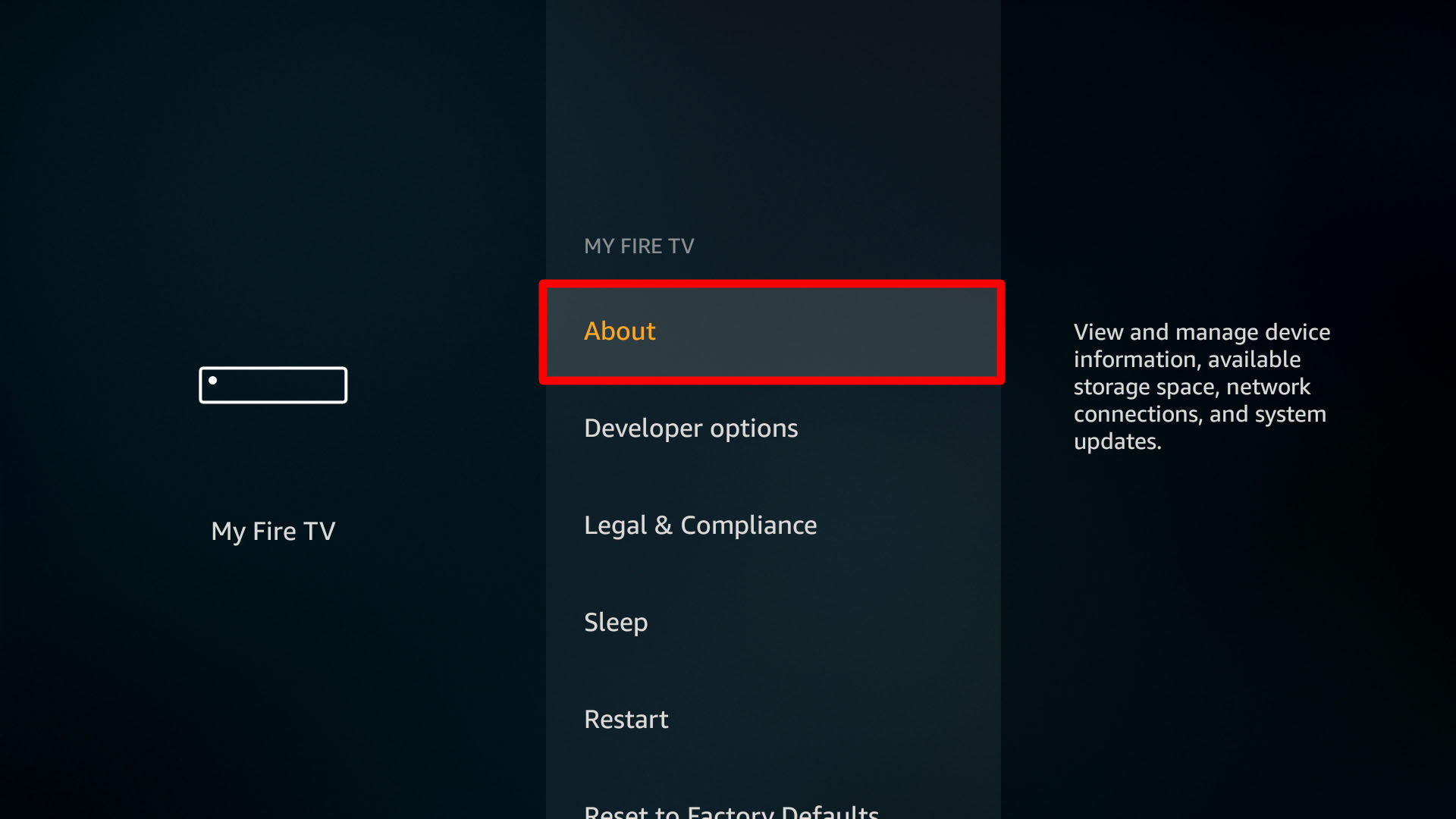 Scroll to the right and choose "My Fire TV."
Select "Restart" and confirm your selection.