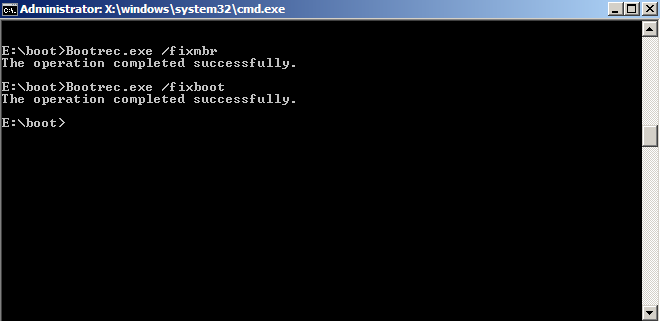 Select Command Prompt.
Type bootrec /fixmbr and press Enter.
