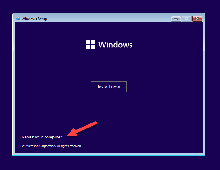 Select "Repair your computer" from the bottom left corner.
Choose the Windows XP installation and click "Next."