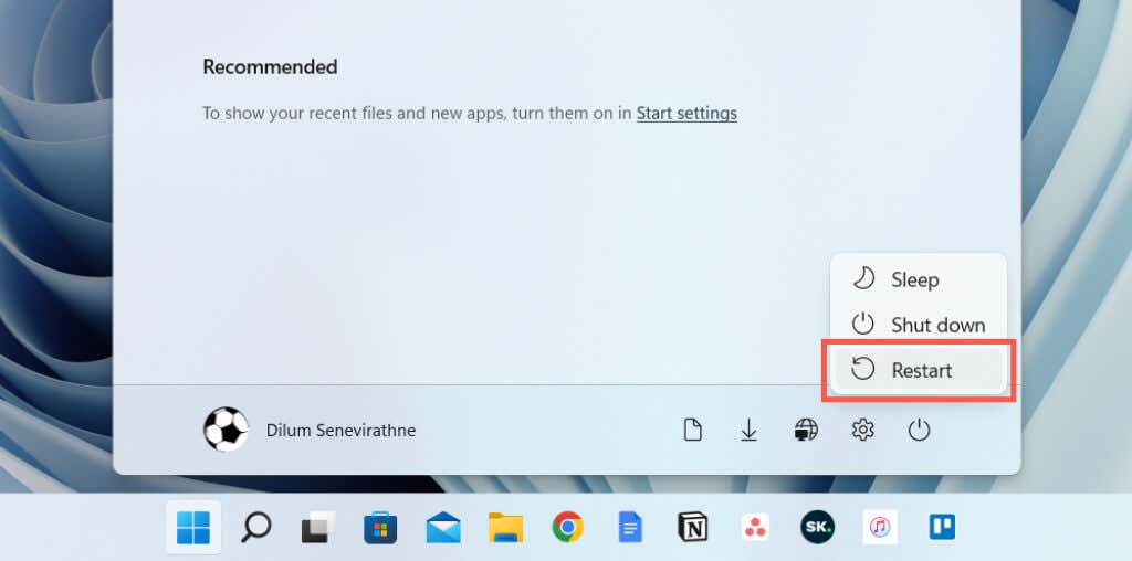 Select Restart from the drop-down menu.
Wait for the computer to shut down and then start up again.