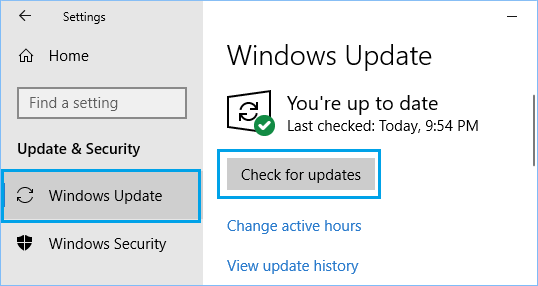 Select Settings and then Update & Security.
Click on Check for updates and install any available updates.