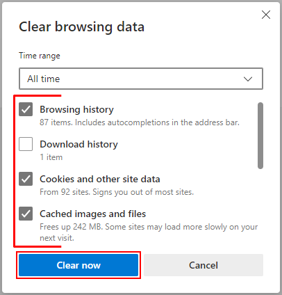 Select the checkboxes for "Cache" and "Cookies" (or "Cookies and other site data").
Click on the "Clear" or "Delete" button to remove the cache and cookies.