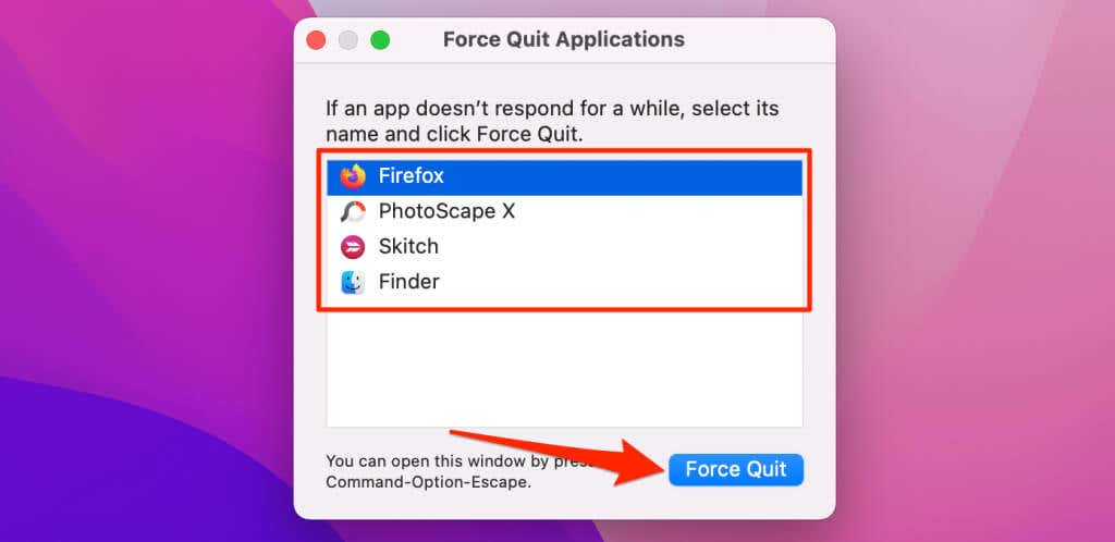 Select the frozen application from the list.
Click the "Force Quit" button to close the unresponsive application.