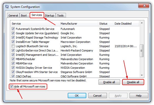 Select the option to Hide all Microsoft services
Click on Disable all