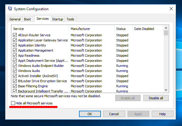 Select the Services tab
Check "Hide all Microsoft services"