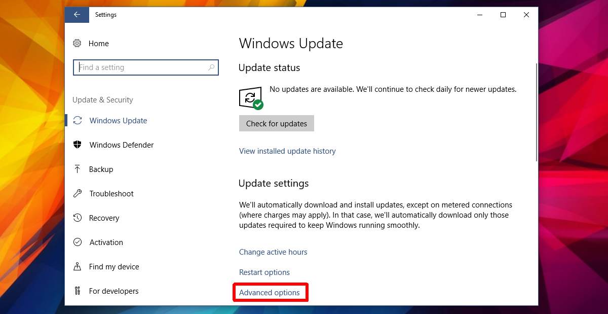 Select "Windows Update" from the list of options.
Click on the "Advanced" button.