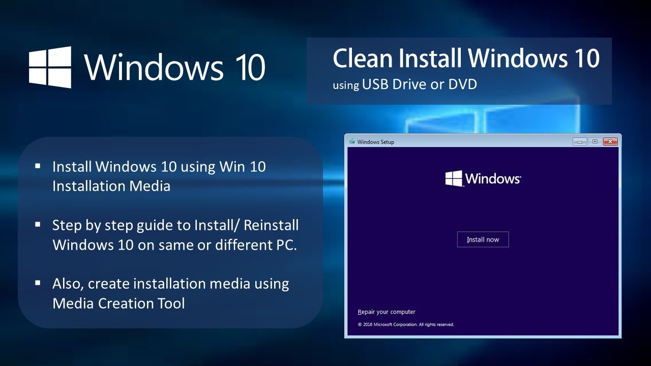 Step 1: Create a Windows 10 installation media using a USB or DVD.
Step 2: Boot your computer from the installation media.
