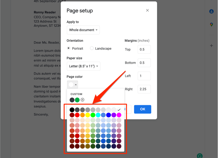 Step 5: If the document is still black, try changing the page color by clicking on "Page Color" in the "Page Background" group.
Step 6: Choose a different color from the palette and see if it fixes the issue.