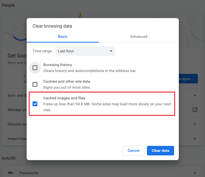 Step 5: In the new window that appears, select "Cookies and other site data" and "Cached images and files".
Step 6: Choose the time range for which you want to clear the data.