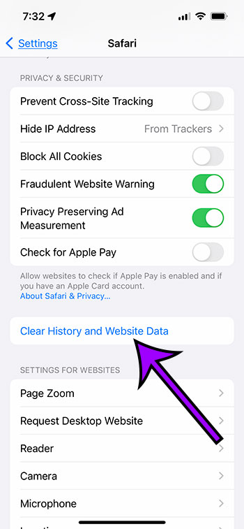 Tap on "Clear History and Website Data".
Confirm the action by tapping "Clear History and Data".