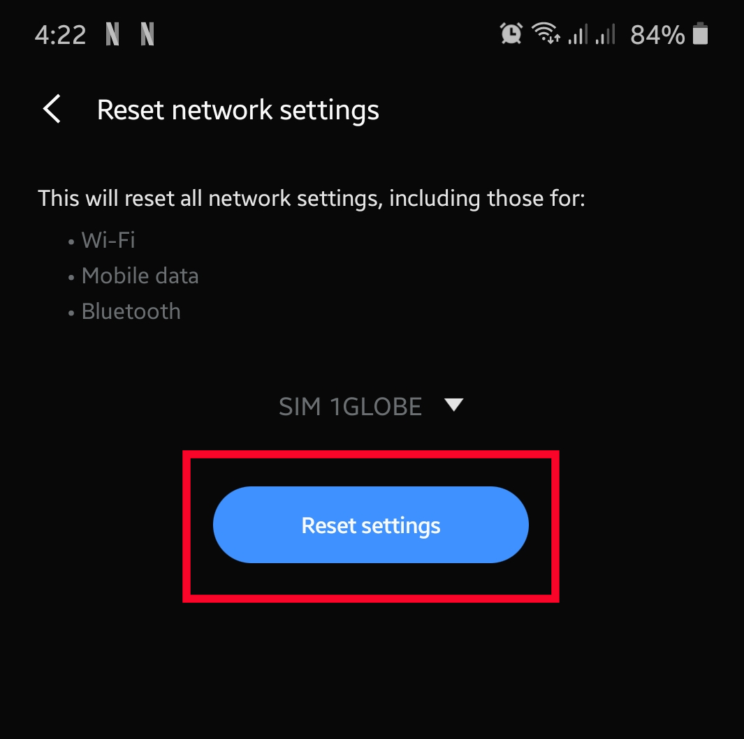 Tap on "Network settings reset."
Confirm the reset by tapping on "Reset settings."