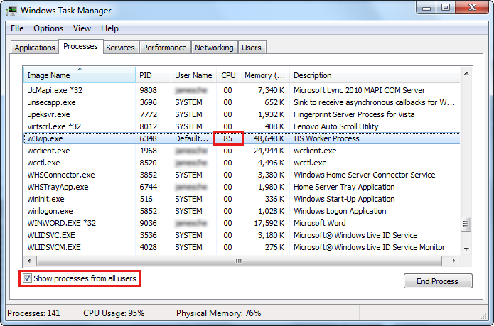 Task Manager with tiworker.exe process highlighted