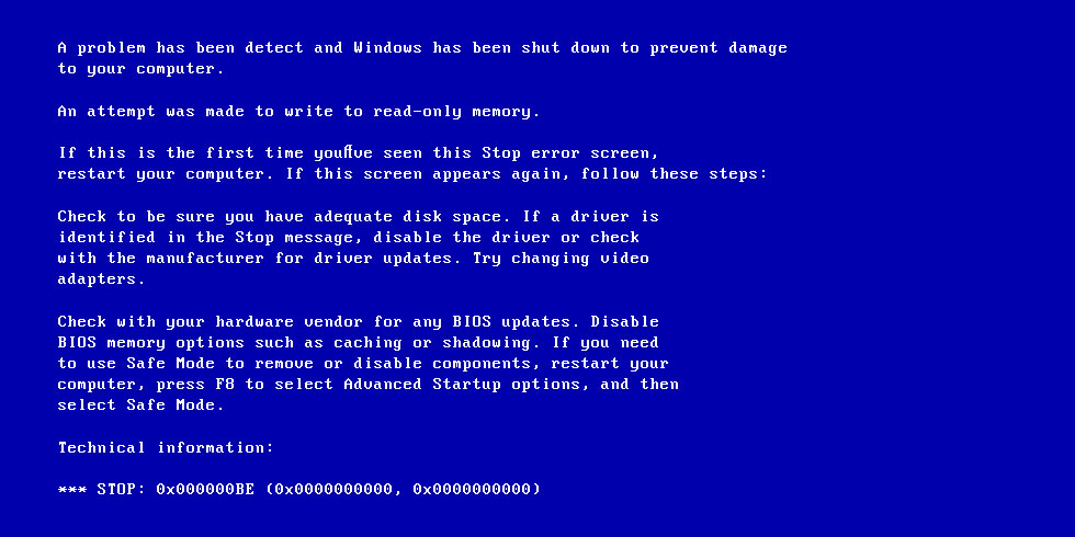 The computer screen displays the blue screen of death with the error code 0x000000BE and the message "Attempted Write to Readonly Memory."
The error occurs when the computer tries to write data to a read-only memory location.