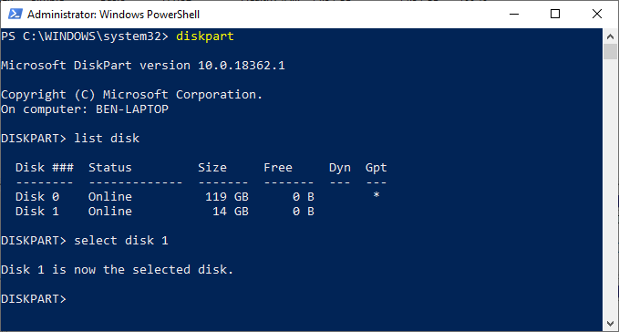 Type diskpart and press Enter to launch the DiskPart utility.
Enter the command list disk to view a list of available disks.