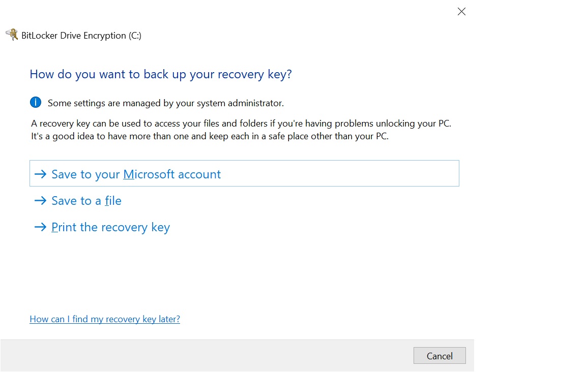 Type manage-bde -protectors -get C: and press Enter.
Locate the Numerical Password field which contains your recovery key.