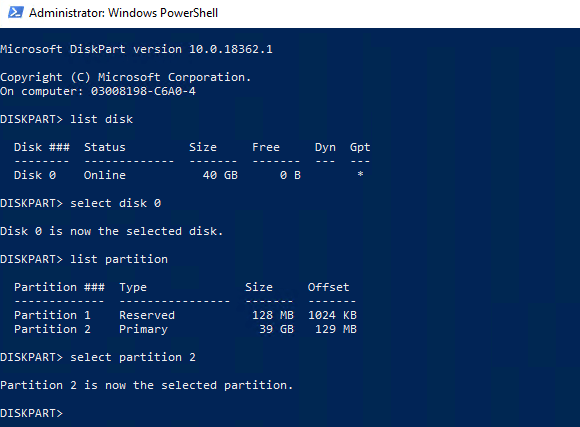 Type select disk X (replace X with the disk number of your Windows installation) and press Enter.
Enter the command list partition to display the partitions on the selected disk.