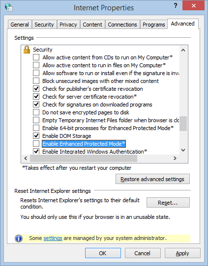 Uncheck the box for "Enable Protected Mode at startup"
Click on "OK" to save the changes