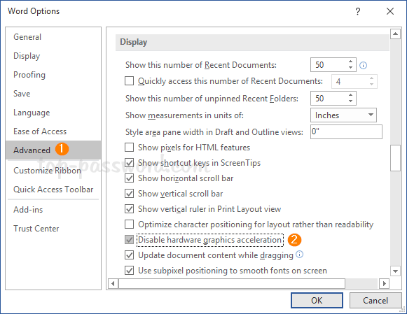 Uncheck the Use hardware acceleration when available option.
Click OK to save the changes.