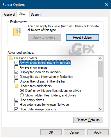Under the Advanced settings section, find and check the box next to Always show icons, never thumbnails.
Click on Apply and then OK to save the changes.
