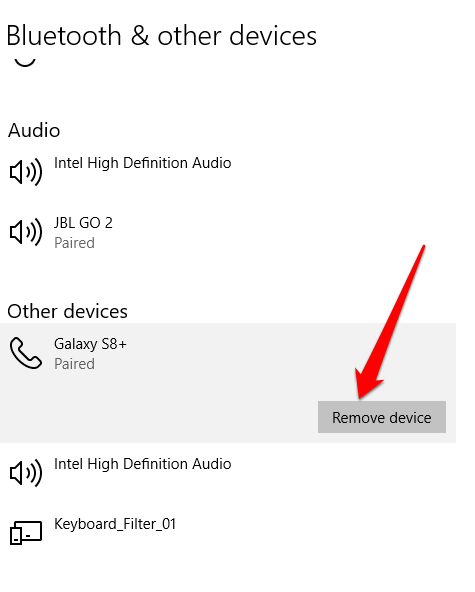 Under the Paired devices section, find the Bluetooth device causing issues.
Click on it and select Remove device.