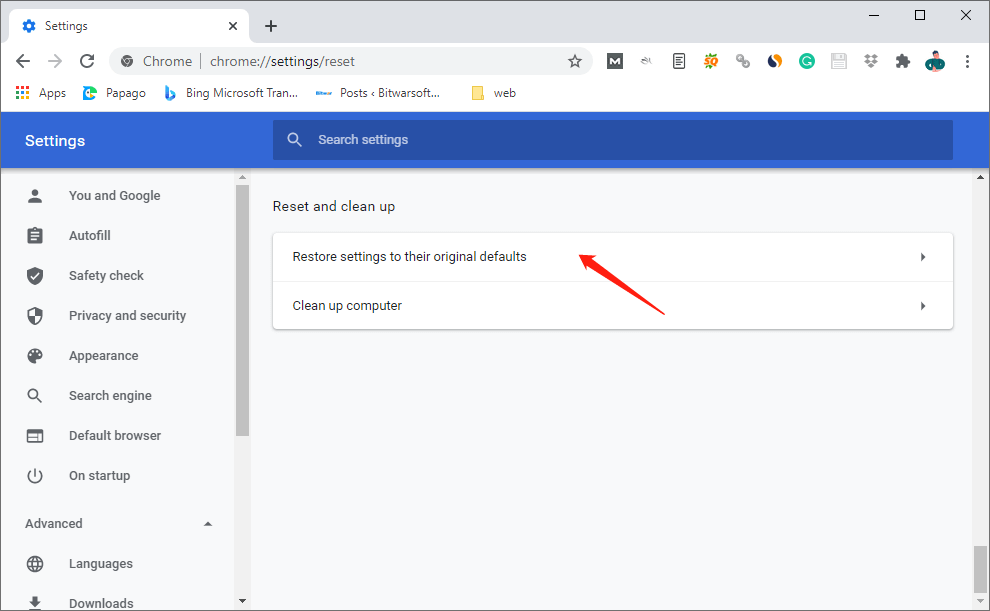 Under the "Reset and clean up" section, click on Restore settings to their original defaults.
Confirm the reset and wait for Chrome to restore its default settings.