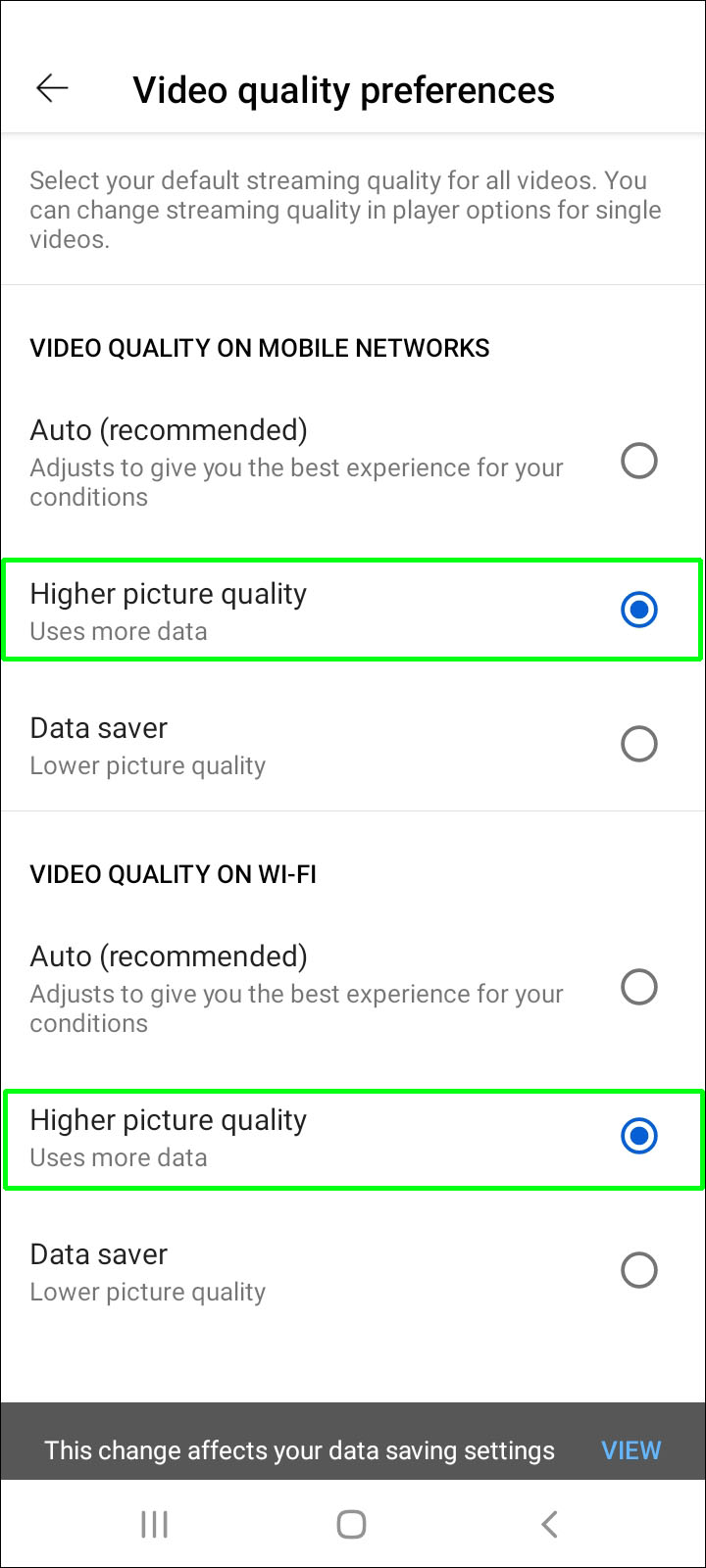 While watching a YouTube video, tap on the three vertical dots (menu) icon.
Select "Quality" or "Quality settings."
