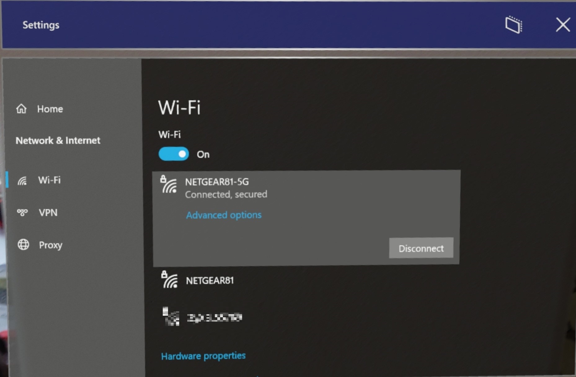 WiFi settings on a Windows 10 computer