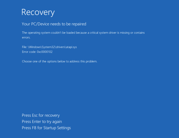 Windows 10 boot error code message