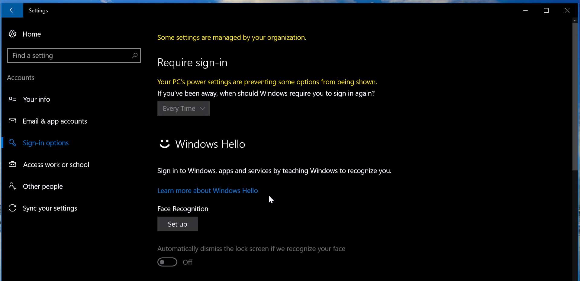 Windows 10 settings menu