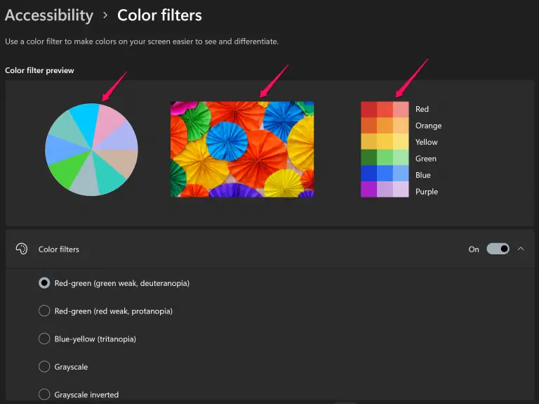 Windows color filters menu.