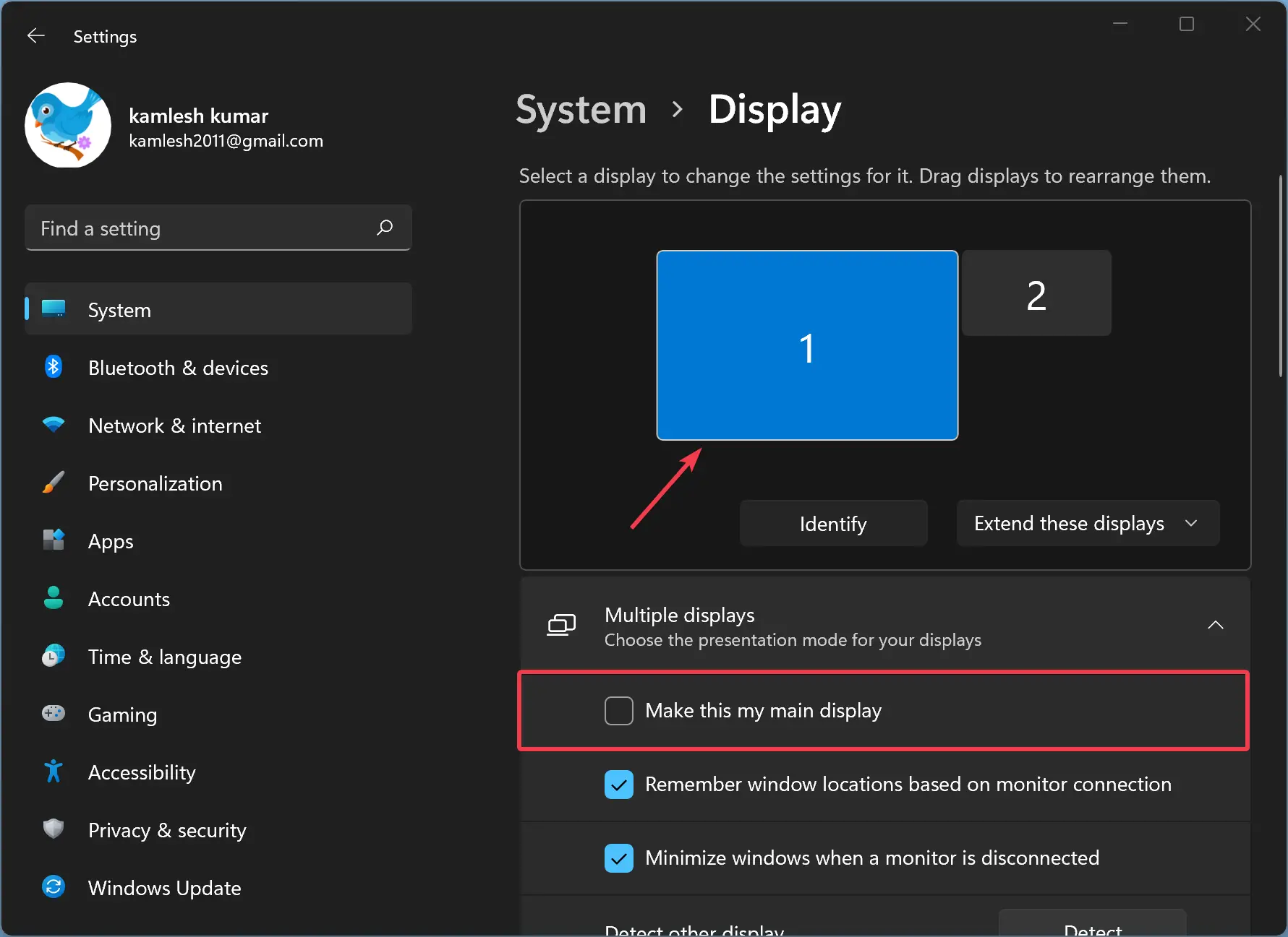 Windows display settings page
