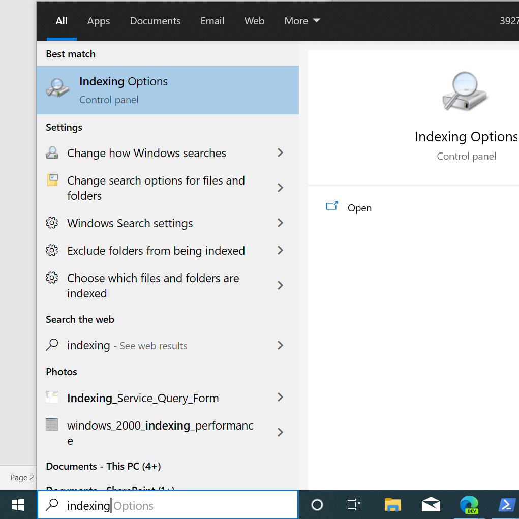 Windows search indexing settings