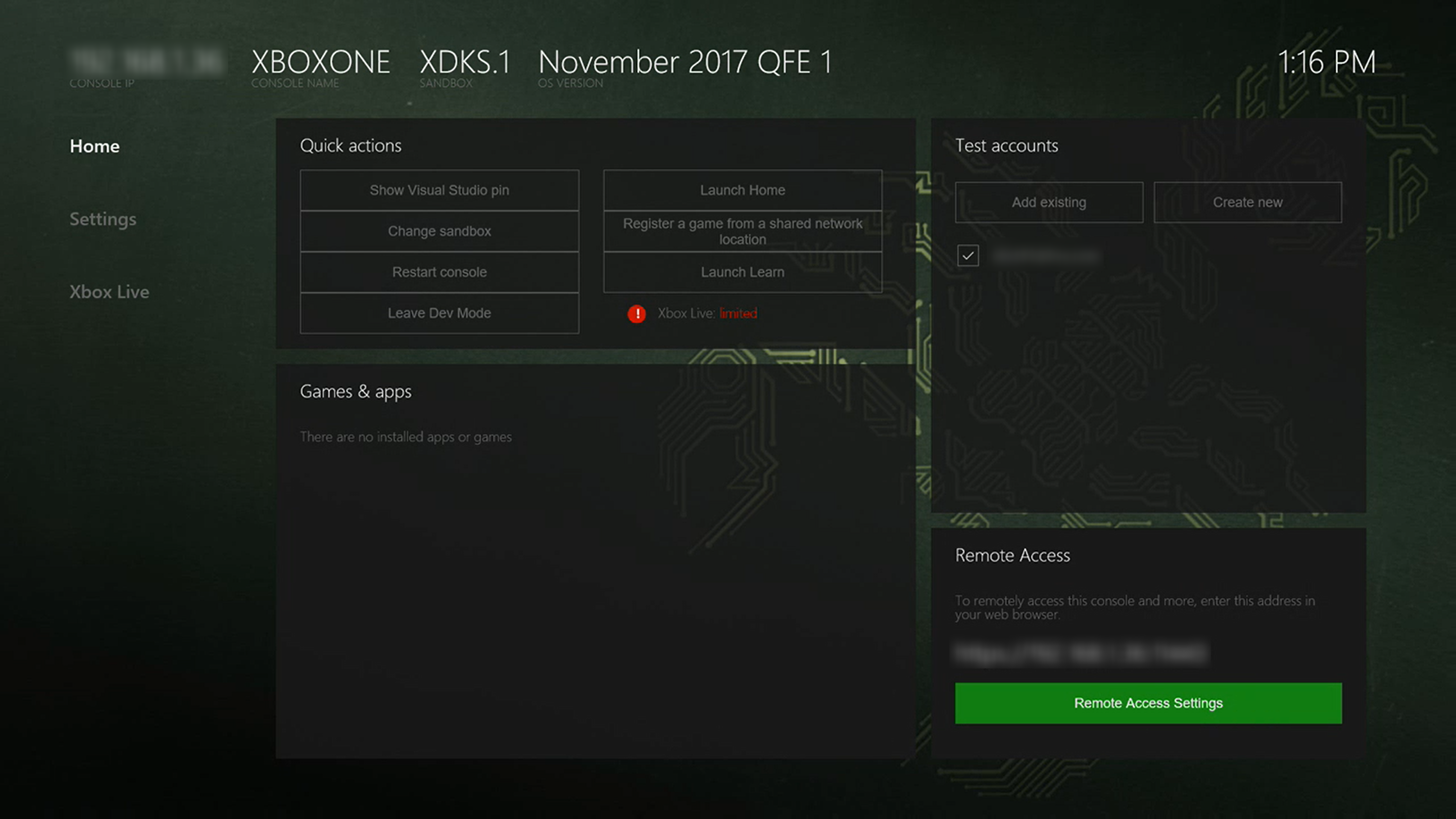 Xbox One console settings menu
